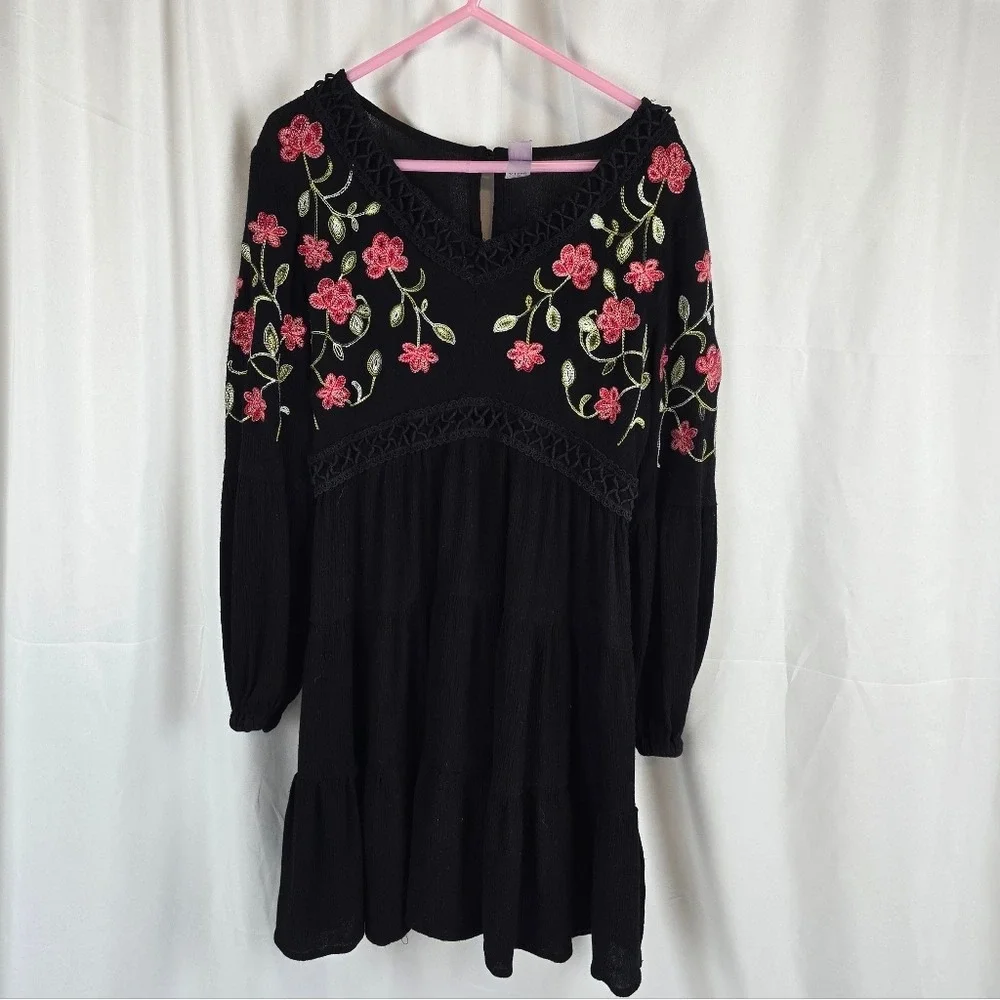 Francesca's Franki Sweetheart Black Floral Embroidered Babydoll Dress Girls YTH8